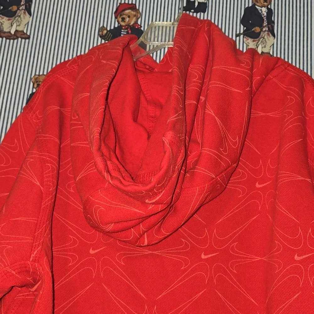 Nike Center Swoosh Check All Over Print Sweatshirt Hoodie Red Kids Large
